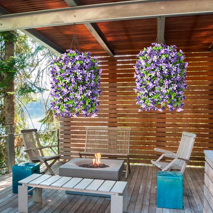 INQCMY Artificial Hanging Flowers in Basket for Outdoor Spring Summer Decoration,4pcs Faux Silk Violet in Planter UV Resistant for Outside Home Patio Garden Porch Deck Decor(Purple Orchid)