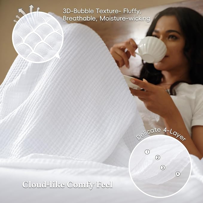 David's Home 100% Cotton Muslin Blanket Twin Size for College Dorm, 4-Layer Soft Breathable Lightweight Comfy Cozy Throw Guaze for Hot Sleepers, 3D Bubble Room Decor for Bed, Giftable, White, 66"x90"