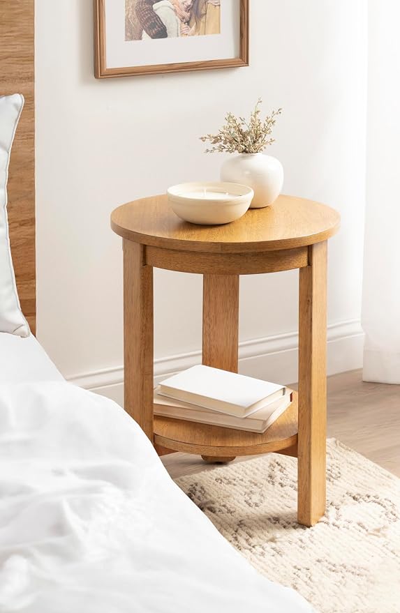 Kate and Laurel Foxford Tiered Round Side Table, 16 x 16 x 23, Natural Brown, Transitional Two-Tier Circle Nightstand Table with Storage and Resilient Wood Construction for Bedroom Decor