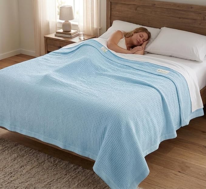 TreeWool Premium 100% Cotton Waffle Queen Blanket (90"x90", Light Blue) | Breathable Lightweight Moisture Wicking Soft Knit Thermal Blanket for Summer, Bed or Sofa All-season Comfort Machine Washable