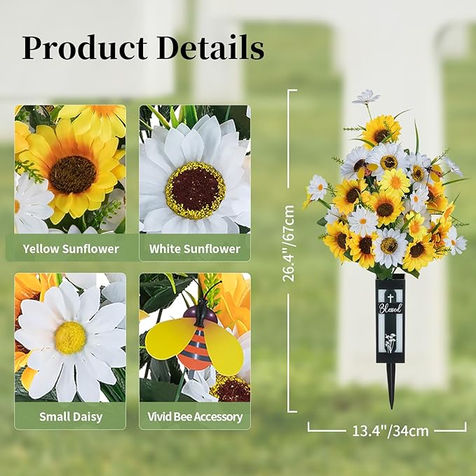 Artificial Cemetery Flowers for Grave: 2 Pcs Yellow White Sunflower Grave Flower Bouquets for Cemetery Decorations - Spring Outdoor Gravesite Flowers with Vase