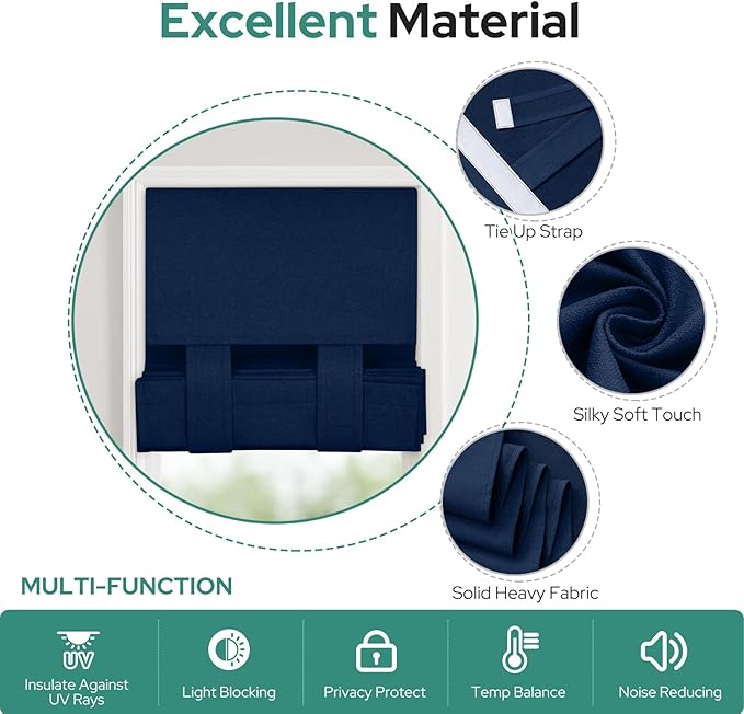 HOMEIDEAS 100% Linen Blackout Sidelight Curtains for Front Door, Side Door Window Curtains, Small Window,Thermal Insulated Covering, 1 Panel, W12 X L40 Inch, Navy