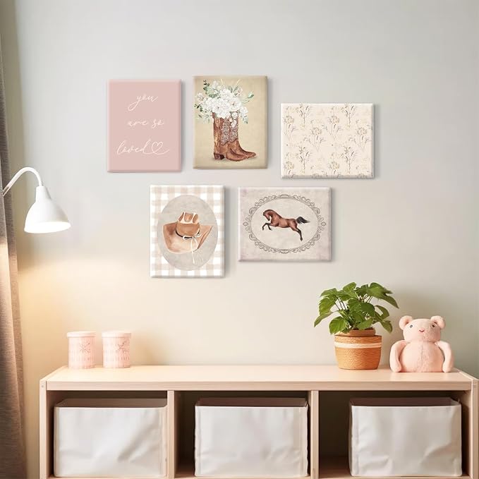 Cowgirl Nursery Wall Art Coquette Western Girl Poster Vintage Horse Floral Canvas Pictures Aesthetic Pink Preppy Room Wall Decor Rustic Cowgirl Prints for Girls Bedroom 12x16x5 Inch Framed