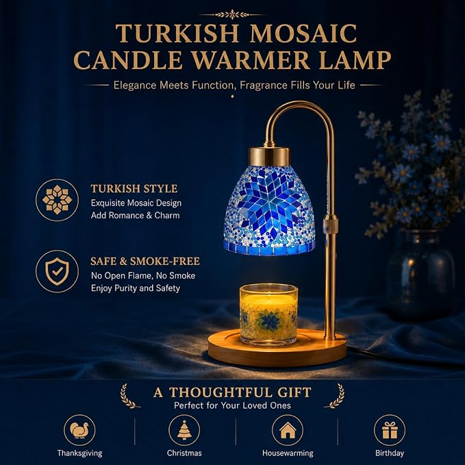 Baquler Turkish Candle Warmer Lamp with Timer Electric Dimmable Candle Warmer Turkish Table Lamp Adjustable Height Moroccan Decor Lighting for Women Birthday Gifts Bedroom Home Office Decor (Blue)