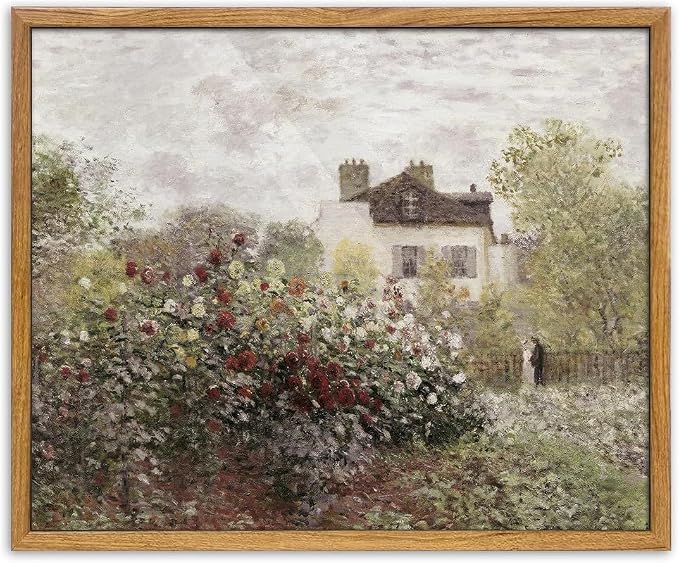 UPWOIGH Monet Inspired Garden Framed Wall Art, 16 x 24 Inch | Impressionist Rose Garden and Cottage Scene, Soft Vintage Tones, Warm Wood Frame for Living Room, Bedroom and Office
