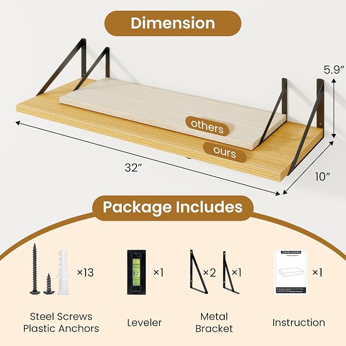 Acovy Floating Shelf for Wall,32" WX10 D Wood Floating Shelves with Sturdy Metal Bracket Set of 2,Wall Mounted Hanging Shelf for Bathroom,Bedroom,Kitchen,Oak