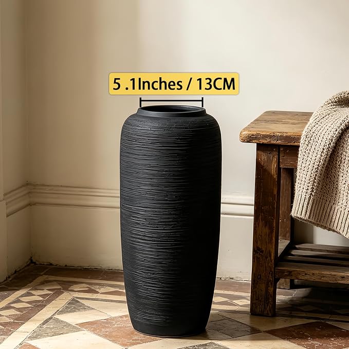 Large Rustic Ceramic Black Vase,15.7 Inch Tall Pottery Farmhouse Decor Floor Vase Vintage Flower Vases for Home Living Room Entryway Table Centerpiece Decor,Terracotta Vases,Wedding Gift