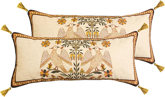 bilin gaier Designer Linen Throw Pillow Covers,28"x12" Set of 2-Seville A | Vintage Elegant Rectangle Pillow Cover,Concealed Zipper,Floral and Bird Pattern,Sofas,Bedroom,Living Room,Lounge Chairs