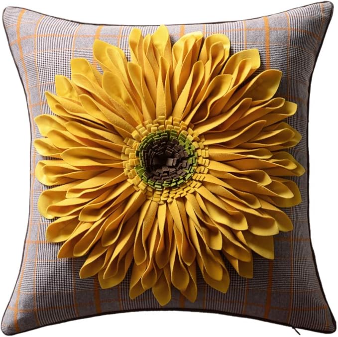 OiseauVoler 3D Sunflower Handmade Throw Pillow Cover Decorative Pillowcase Yellow Plaid for Home Bed Living Room Decor 18 x 18 Inch