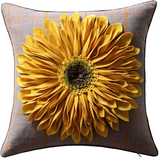 OiseauVoler 3D Sunflower Handmade Throw Pillow Cover Decorative Pillowcase Yellow Plaid for Home Bed Living Room Decor 18 x 18 Inch