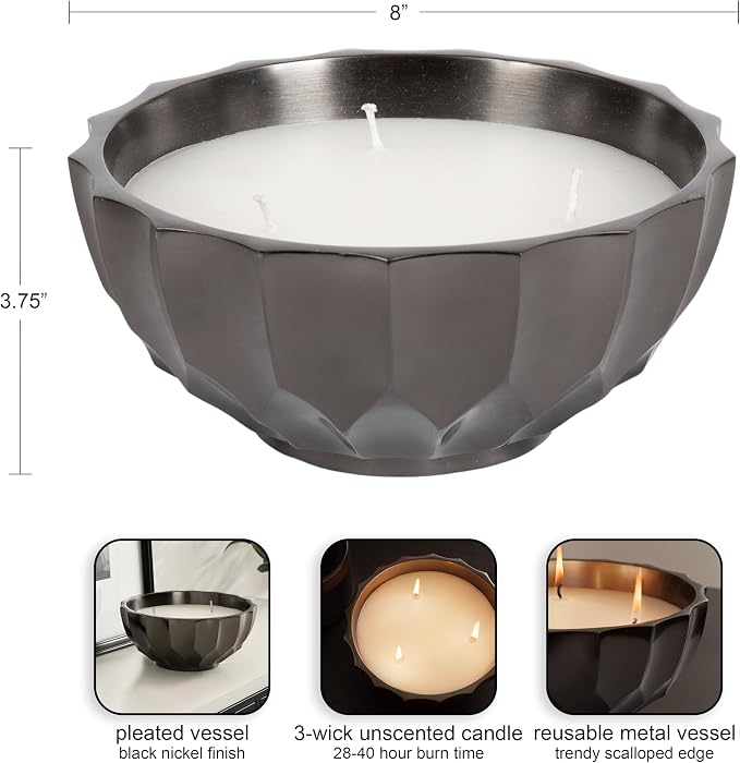 Kate and Laurel Plete Round Pleated Metal Candle Bowl, 8 Inch Diameter, Black Nickel, Modern Scalloped Three-Wick Unscented Candle with Decorative Bowl for Living Room Decor