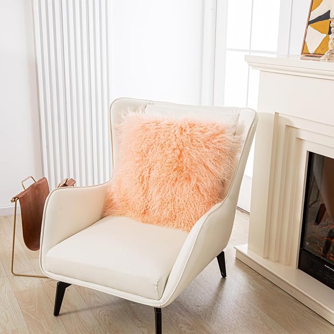 Mongolian Lamb Fur Throw Pillow Cover (16'' x 16'', Pink) Sheep Fur Decorative Cushion Cover Case Home Decorative Square Throw Pillow Cover Plain Wool Pillow Protector