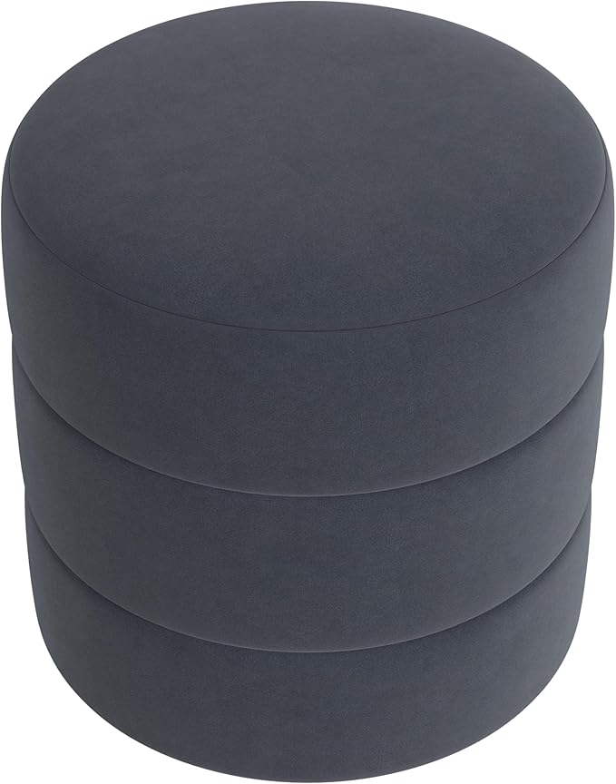 HomePop Upholstered Round Ottoman (No Lid, Seat Only) | HomePop Home Décor | Round Pouf Foot Rest – Steel Blue Velvet