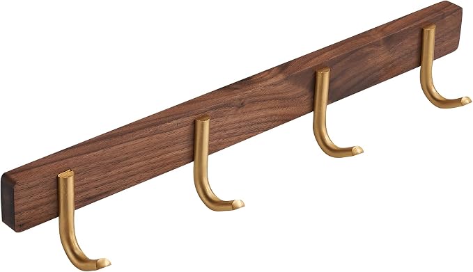 Wall Mounted Coat Rack, Entryway Hanging Coat Rack, Metal Wood Coat Rail with 4 Rustic Hooks Rail for Coat, Scarf, Bag, Towel, Key, Cap, Hat, Walnut Gold Matt