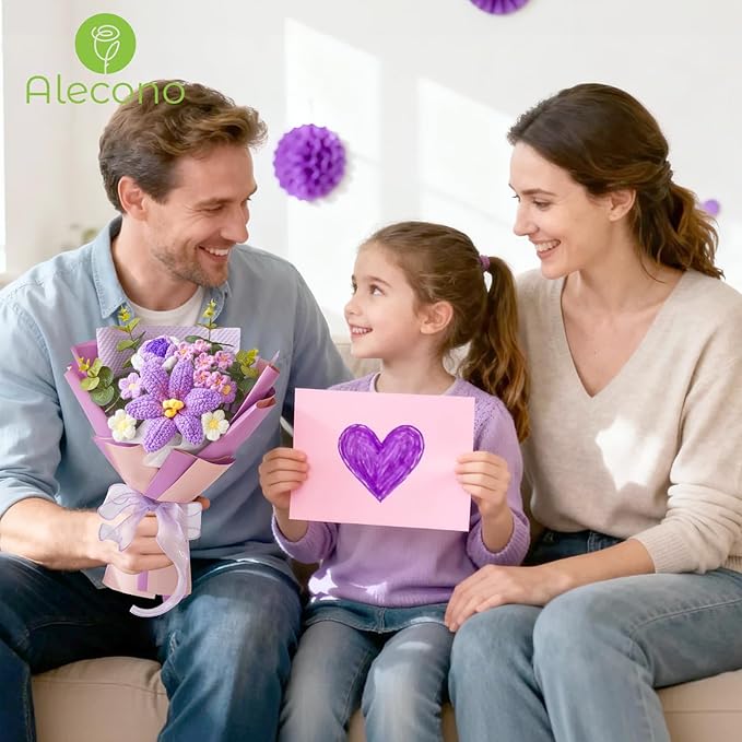 Alecono Crochet Flower Bouquet, Purple Knitted Flowers, Handmade Bouquet of Flowers for Lover Anniversary Birthday Party Mother's Day Graduation Teacher's Day Gifts (Include Card)