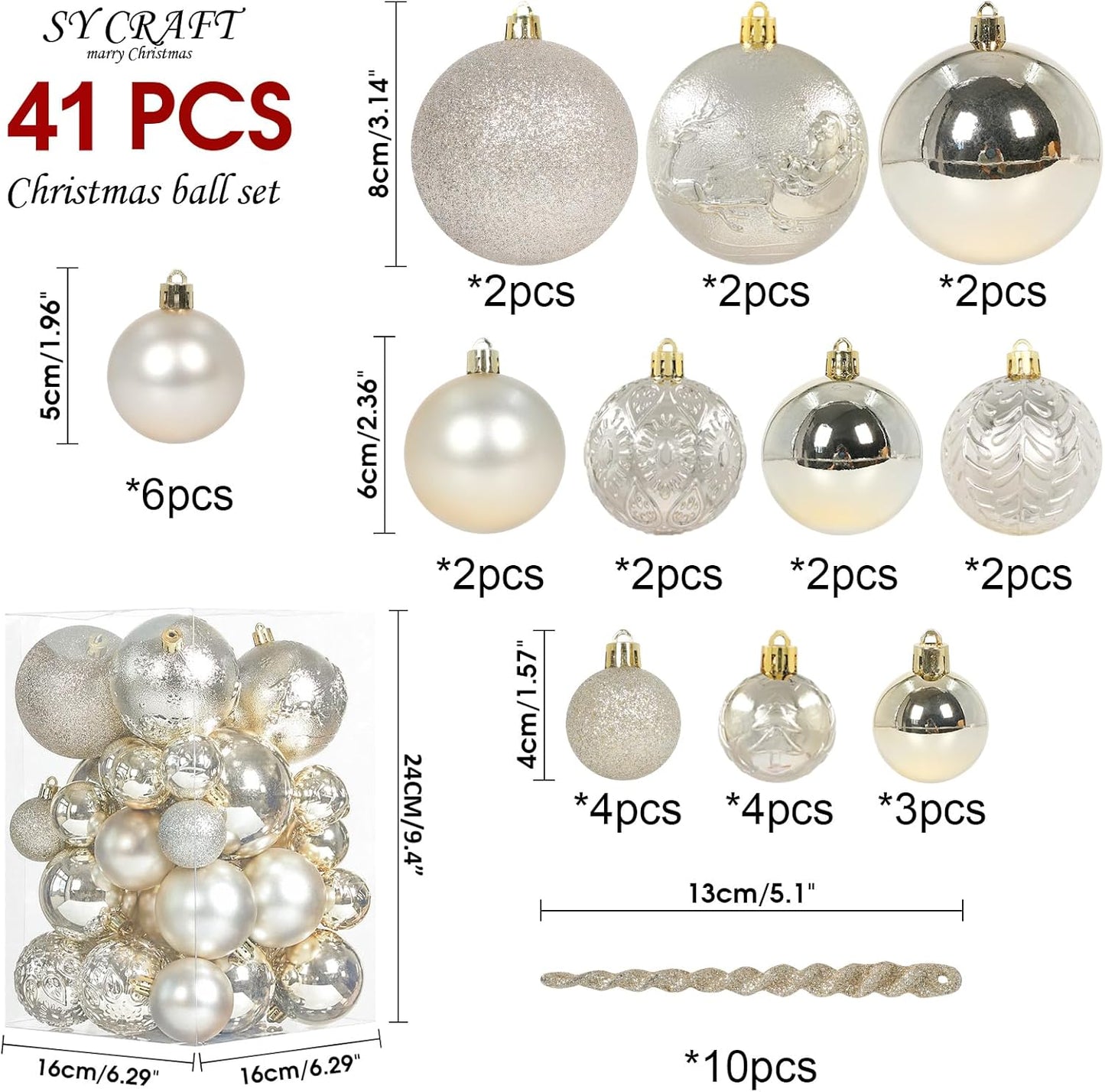 Christmas Ball Ornaments for Christmas Decorations - 41 Pieces Xmas Tree Champagne Gold Shatterproof Ball Ornaments with Hanging Loop for Holiday and Party Decoration