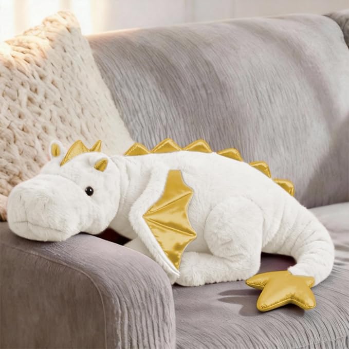 ARELUX Large 36in Cute Dragon Stuffed Animals Plush Toy Soft White Pterosaur Plushie Giant Fuzzy Dinosaur Pillow Plushies with Gold Wings Cuddly for Friends Family Member