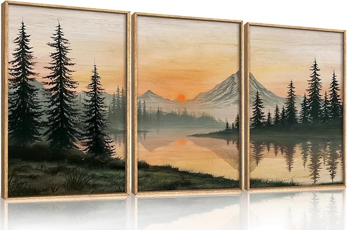 LHIUEM Nature Mountain Sunset Framed Canvas Wall Art,Boho Pine Trees Wall Decor,Sunset Forest Lake Painting,Modern Landscape Artwork for Living Room,Bedroom,Dining Room -24"x36"x3