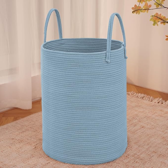 JMvicyroam Large Woven Laundry Basket Hamper,80L Cotton Rope Storage Bin for Blankets,Toys and Clothes,Decorative Tall Nursery Hamper for Living Room,Baby Nursery,Bathroom and Bedroom,Blue