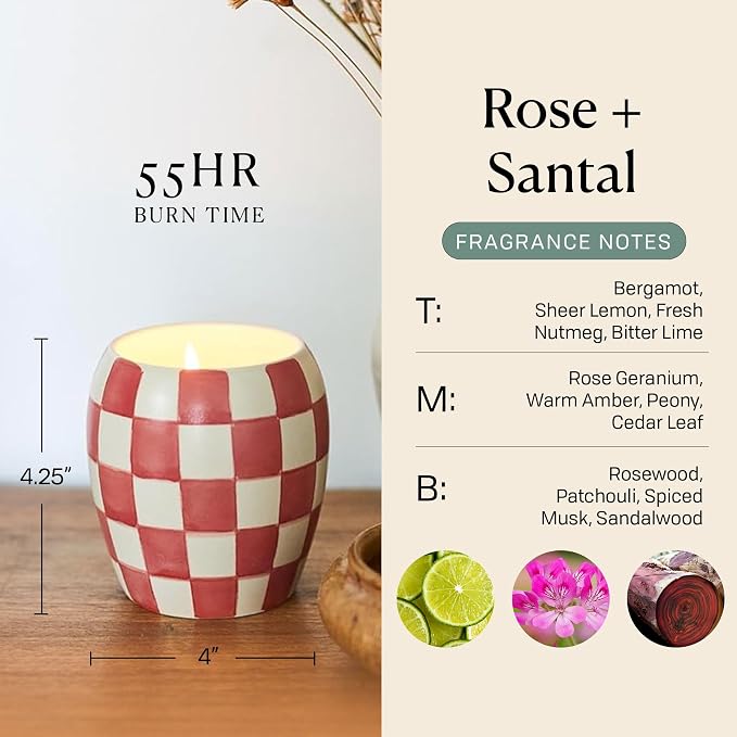 Paddywax Checkmate Hand Painted Scented Candle in Reusable Porcelain Jar, Clean-Burn Soy Candle with Approx. 55 Hour Burn Time, Decorative Gift Candles for Home, Rose + Santal, 11 oz