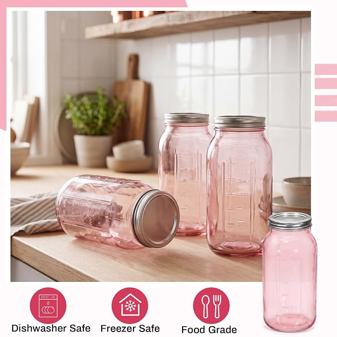 Norme 6 Pcs 64 oz Glass Mason Jars Glass Mason Jars Canning Container Set Embossed Half Gallon Fermenting Container with Airtight Lids for Canning Freezing Preserving Beverages Decor (Pink)
