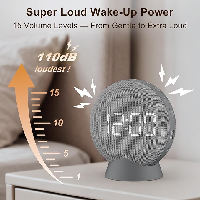 SolaceRise Super Loud Alarm Clock for Heavy Sleepers: Vibrating Digital Auto-Dim Clock with Bed Shaker for Hearing Impaired - Portable Rechargeable Battery for Bedroom Travel Dorm - Gray