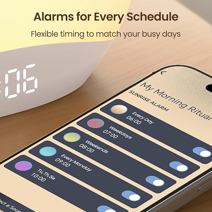REACHER R7APP Smart Sunrise Alarm Clock with App Control, Custom Wake & Sleep Routines - Multi Sunrise Color, White Noise Sound Machine, Dimmable Display | Night Light, Screen-Free Sleep