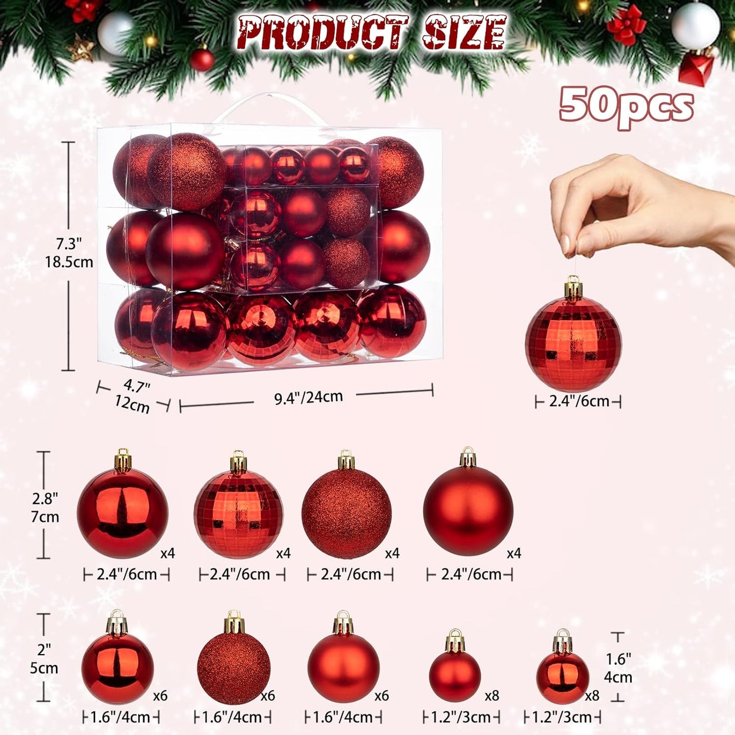 50pcs Christmas Ball Ornaments Red Shatterproof Christmas Tree Ball Decorations Xmas Tree Large Christmas Ornaments Balls with Hanging Loop for Christmas Wedding Holiday Party Wreath Home Decor