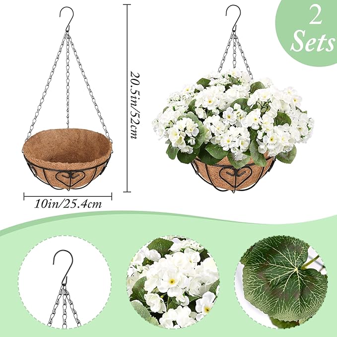 Waipfaru 2 Set Artificial Geraniums for Outdoors with Hanging Baskets, 12 Bundles UV Resistant Artificial Outdoor Plants, Fake White Flowers for Spring Front Porch Home Patio Balcony Yard Decor