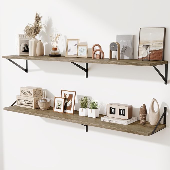 Acovy Deep Floating Shelves,55" Wx10 D Wood Wall Shelves Set of 2,Long Wood Floating Shelf with Metal Brackets,Floating Bookshelf for Living Room,Kitchen,Office,Bedroom,Decor Storage,Grey
