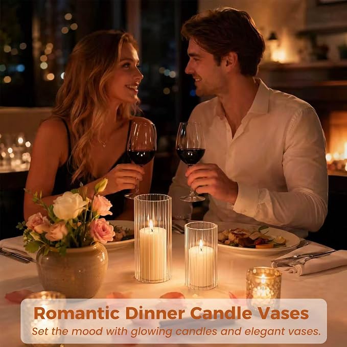 12-Pack White Pillar Candles with Glass Ribbed Cylinder Vases - 12 Vases + 12 Candles, Elegant Tall Candle Holders for Weddings, Events & Home Décor (12)