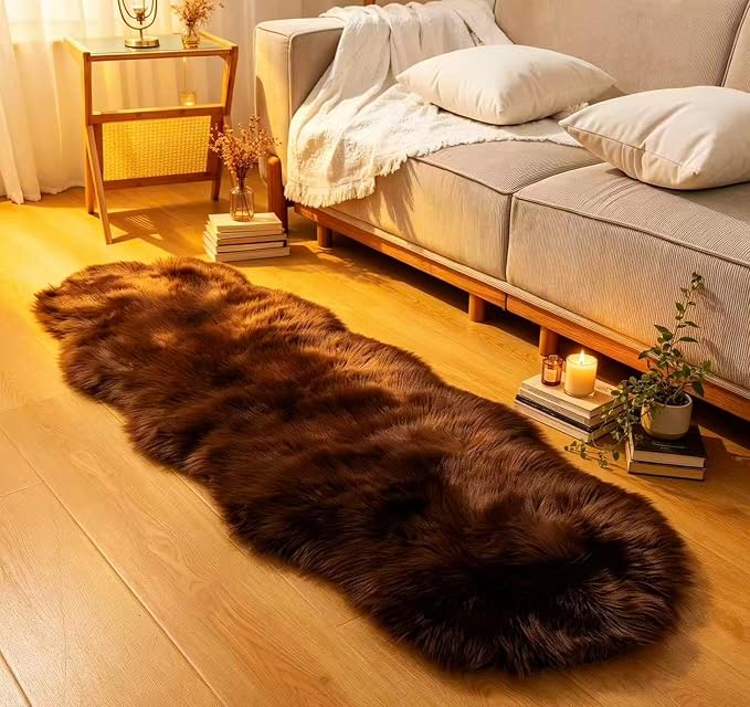 Faux Fur Sheepskin Runner Rug Coffee 2x6 ft Ultra Soft Shaggy Plush Fluffy Fuzzy Area Carpet Decorative Chair Cover Floor Mat for Bedroom Sofa Living Room Bedside