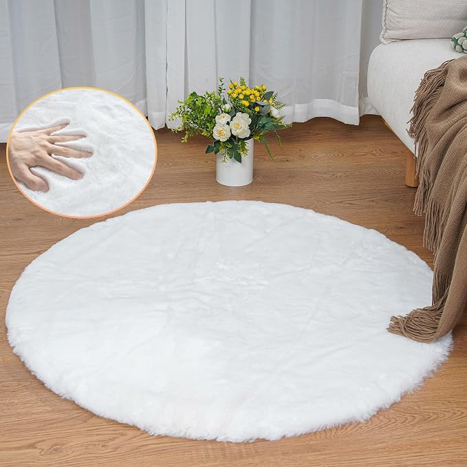 ORINOVA White Faux Fur Round Rug 4ft Fluffy Rabbit Fur Rug Machine Washable Circle Area Rugs for Living Room Bedroom Home Teen Room Nursery Décor