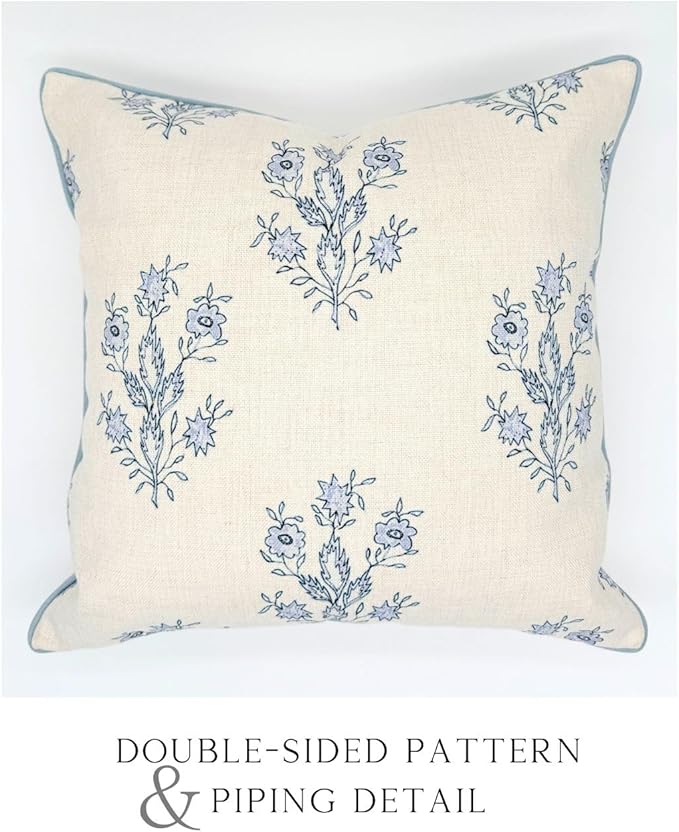 Jillien Harbor "The Mary Block Print Floral Decorative Pillow Cover – Double-Sided Blue & White Periwinkle Accent Pillow Cover – Grandmillennial Home Decor – 26"x26"