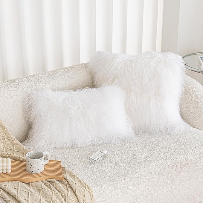 Real 100% Tibetan Mongolian Lamb Sheepskin Wool Fur Throw Pillow Covers Super Soft Plush Leather Accent Pillowcase Decorative Cushion Cover White 12x20 Inch Set of 2