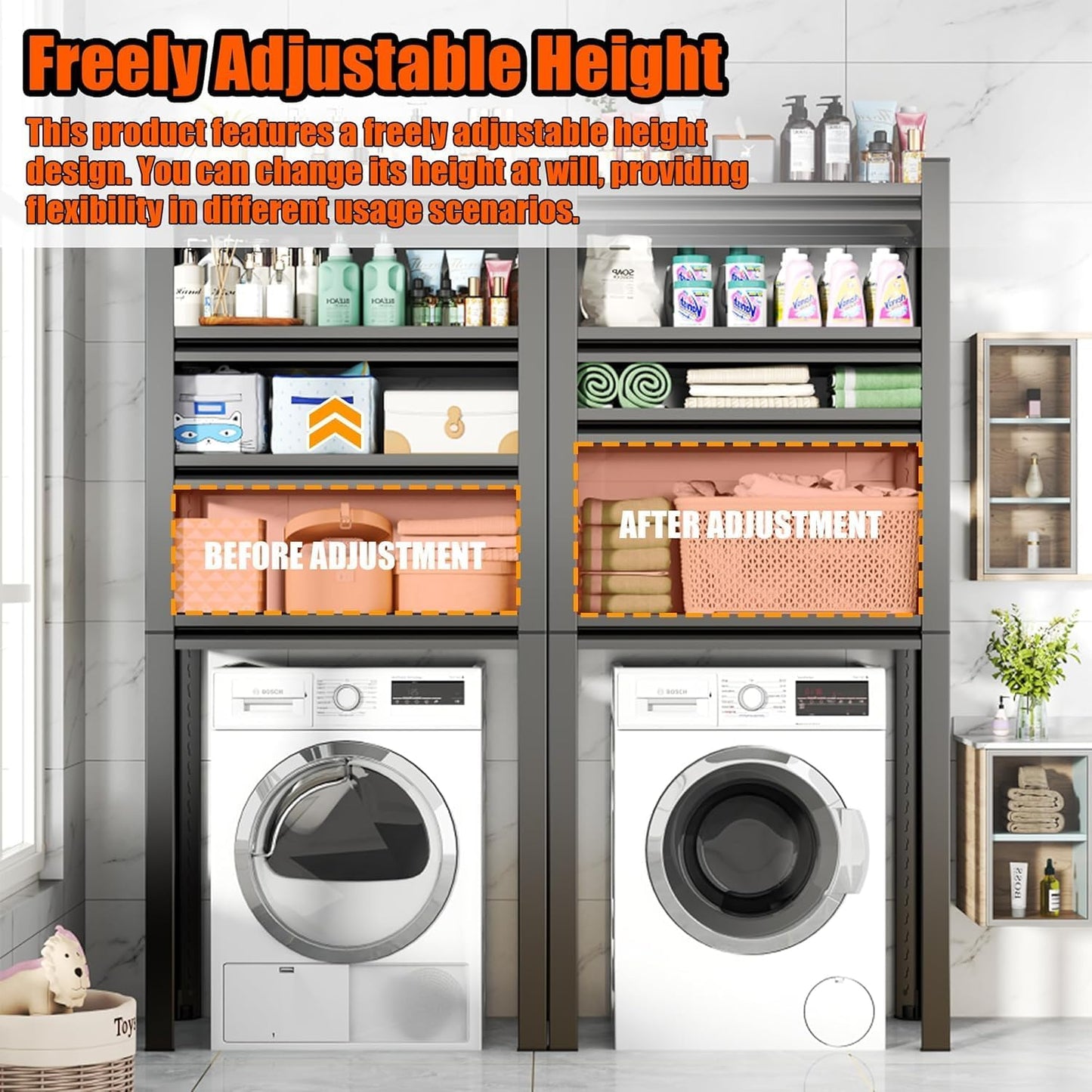 Over Washer and Dryer Storage Shelves,5 Tiers Laundry Room Standing Shelf,Adjustable Metal Shelving Unit,Space Saving Shelf, 63" H x 31.5" W x 15.7" D, Black