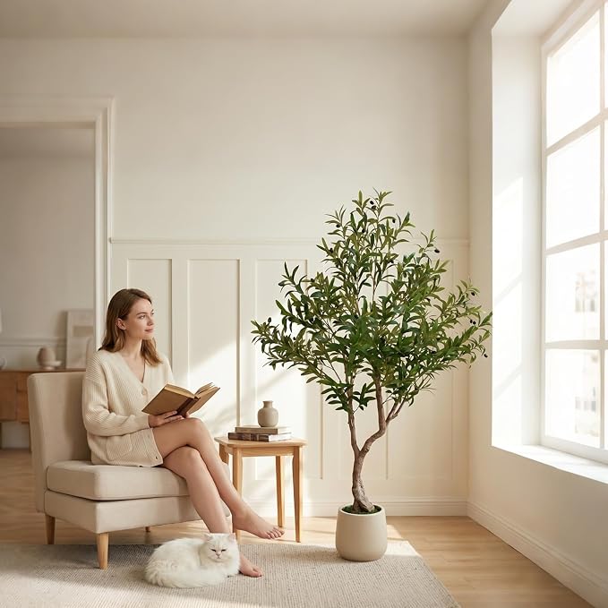 LYLYFAN Olive Tree Artificial Indoor 6FT Faux Olive Tree with White Tall Planter, Fake Olive Tree with Realistic Branches and Lifelike Fruits for Home Office Decor