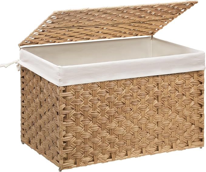 Wicker Storage Basket with Lid, 52.8 Gallon (200L) Large Blanket Basket with Lid, Woven Storage Bin with Handles, Removable Liner, Metal Frame, Foldable, for Bedroom, Laundry Room, Natural