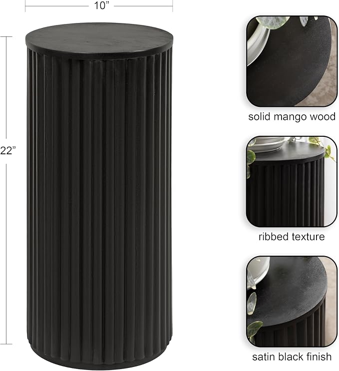 Kate and Laurel Reid Modern Wooden Ribbed Drink Table; 10 x 10 x 22; Black; Solid Wood Mini Table for Use as Pedestal Plant Stand Indoors or Small Nightstand Option