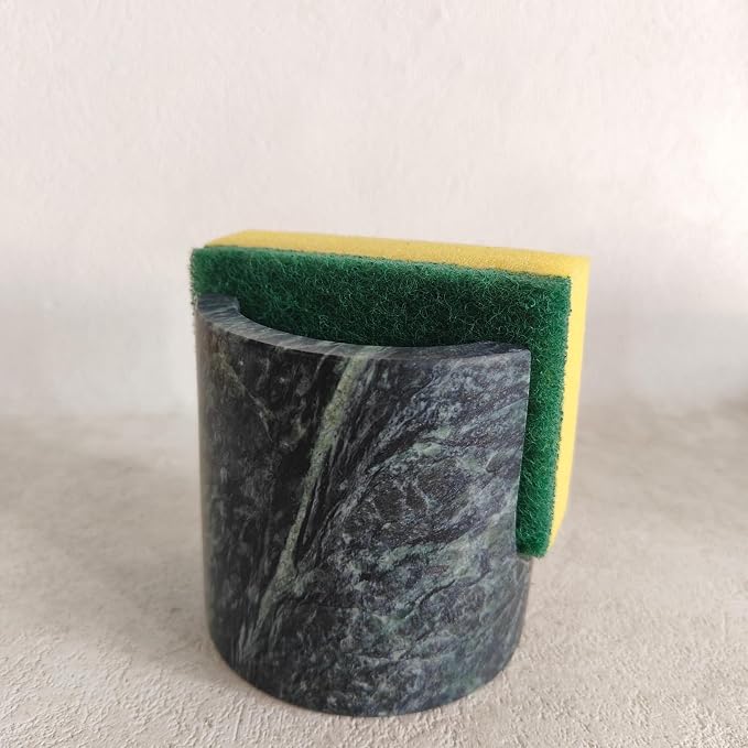 Natural Travertine Marble Sponge Holder, Stone Dish Drying Rack & Sink Organizer - Durable Kitchen Countertop Decor, Sponge Caddy with Drainage (Dark White Green)