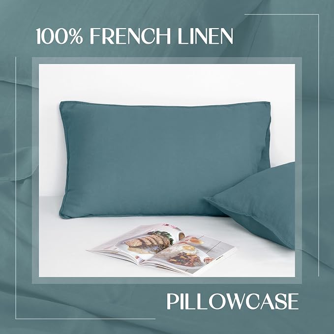 Linen World Linen Pillow Cases King Size - 20"x40" Set of 2,100% French Flax Pillowcase,Soft Breathable Natural Pillow Covers,Lake Blue