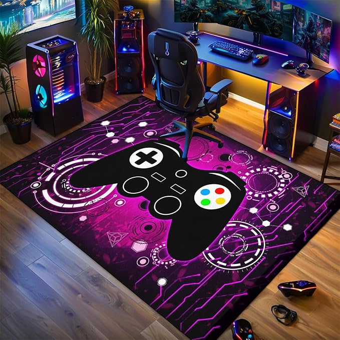 Gaming Area Rug for Boys Bedroom - Purple Gaming Carpet Rug for Kids Boys Room Video Games Carpet Gamepad Themed Rugs Kids Room Decor, 80 x 58 Inches