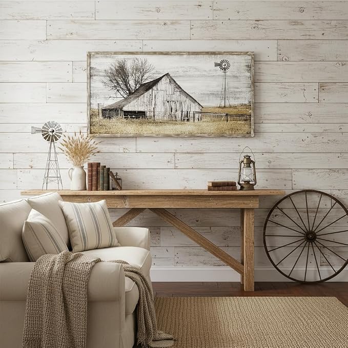Farmhouse Framed Wall Art Picture: Rustic Barn Farm Wood Artwork Decor Large Country Landscape Windmill Print Horizontal Panoramic Countryside Rural Nature Scene Painting for Living Room Bedroom