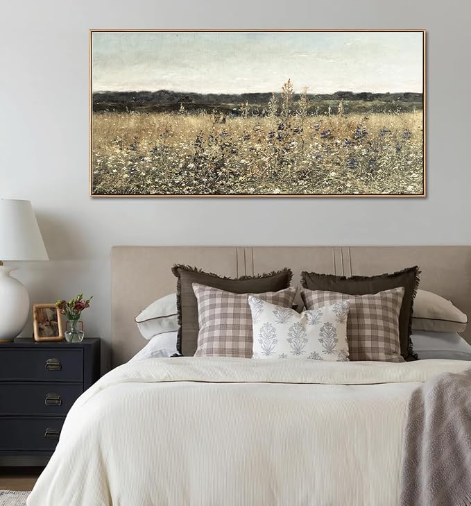 DJSYLIFE Framed Canvas Wall Art Wildflower Field, 29.52 x 57.87 Inch | Extra Large, Oversized, Vintage Landscape Painting Prints, Classical Flowers Pictures, Farmhouse Living Room Bedroom Decor