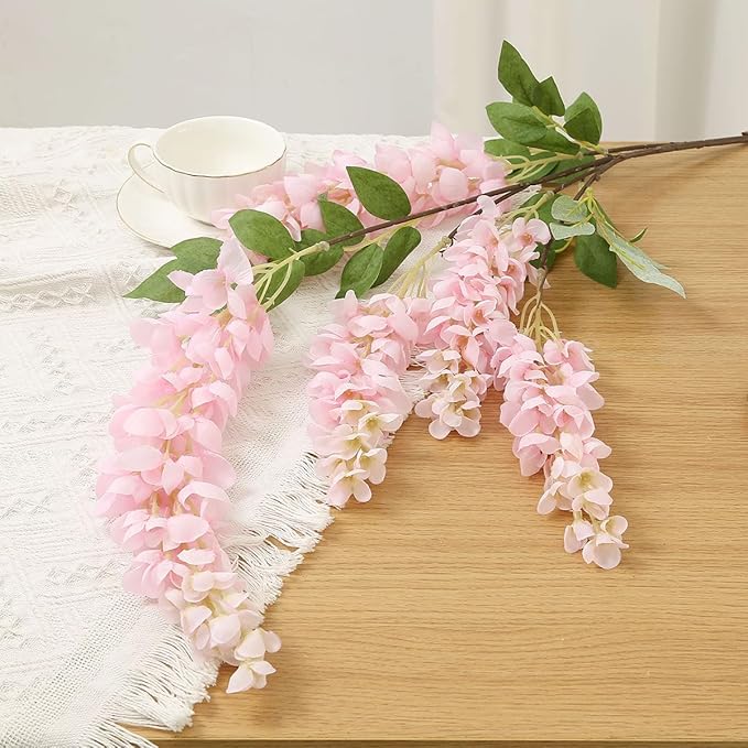 4pcs Large Size 47.2-inch Artificial Fake Wisteria Hanging Flower Garland Silk Flower String Home Party Decoration White Blue Pink Purple (Pink)