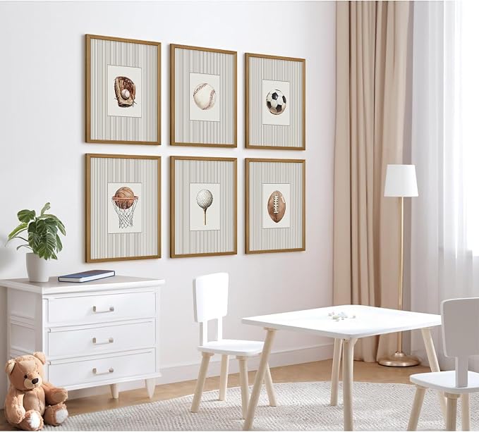 Sports Wall Art Decor Toddler Boys Room Canvas Prints Vintage Sports Nursery Wall Decor Baby Kids Poster Football Baseball Pictures Basketball Theme Artwork for Children Bedroom 12x16 Inch Wood Framed