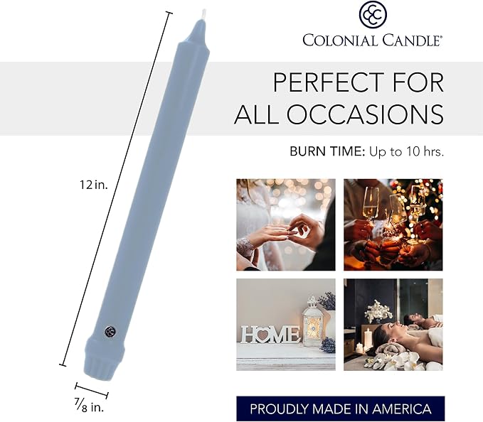 Colonial Candle Unscented Taper Candle, Classic Collection, Wedgewood, 12 in, Pack of 12 - Up to 10 Hours Burn