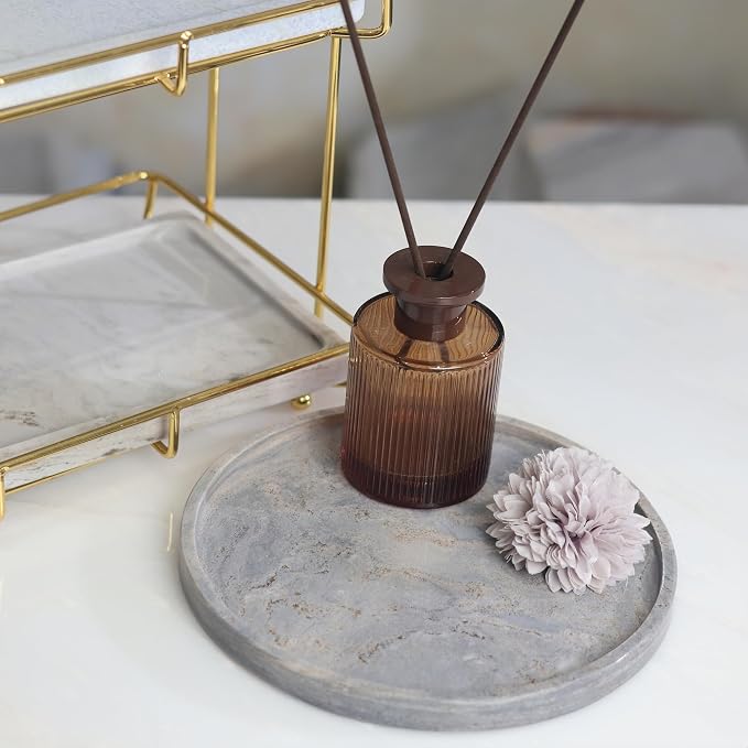 Natural Marble Vanity Tray, Round, 8.3 Inch, with Anti-Slip Pads, for Bathroom, Jewelry, Perfume Display, Coffee Table Decor (Blue with Gold)