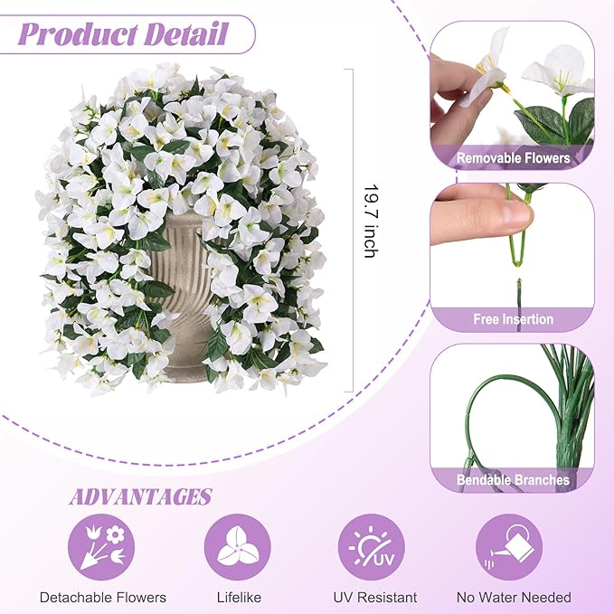 INXUGAO 2 pcs Artificial Faux Bougainvillea Flowers Plants for Outdoor Outside Summer Decoration, Fake Silk UV Resistant Long Trailing Vines for Front Door Porch Planter Balcony (White)
