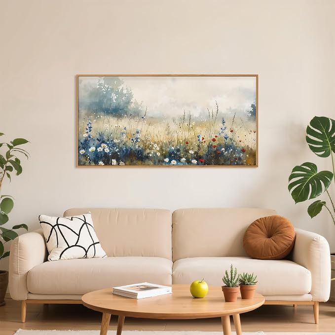 Nature Wildflower Framed Canvas Wall Art Set, Pastoral Landscape Wall Decor, Colorful Meadow Wall Painting, Rustic Floral Art Print for Living Room, Bedroom, Office-20 X40
